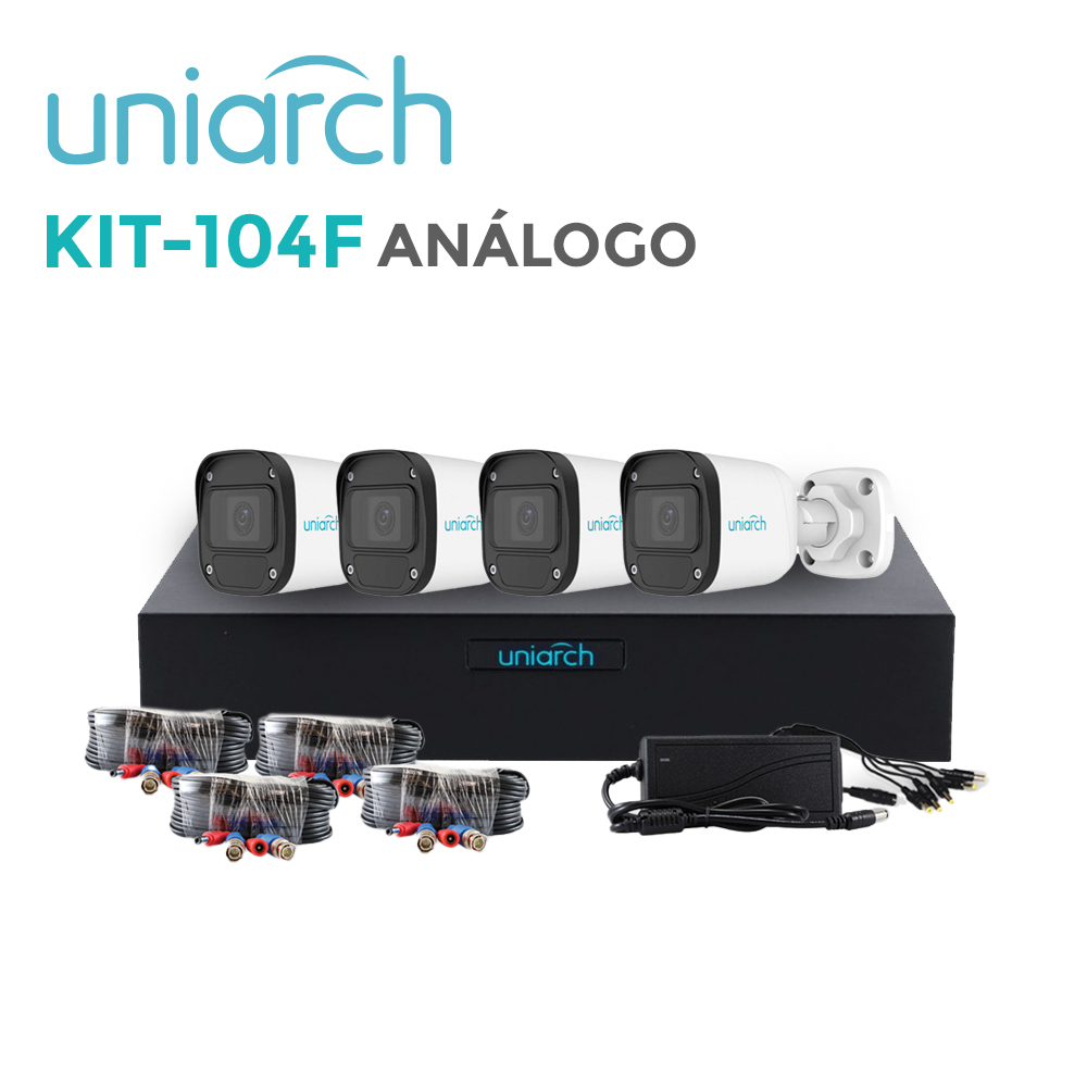 KIT 4X4 HD 2MP UNIARCH KIT-104F / 4CAMARAS-BULLET-UAC-B112-F28 / 2MP / XVR-104F-4CH-ANALOGICOS-2CH-IP/ 4CABLES-PREPONCHADOS-18 MTS / 1DISTRIBUIDOR-ENERGIA-4SALIDAS / FUENTE-12VDC