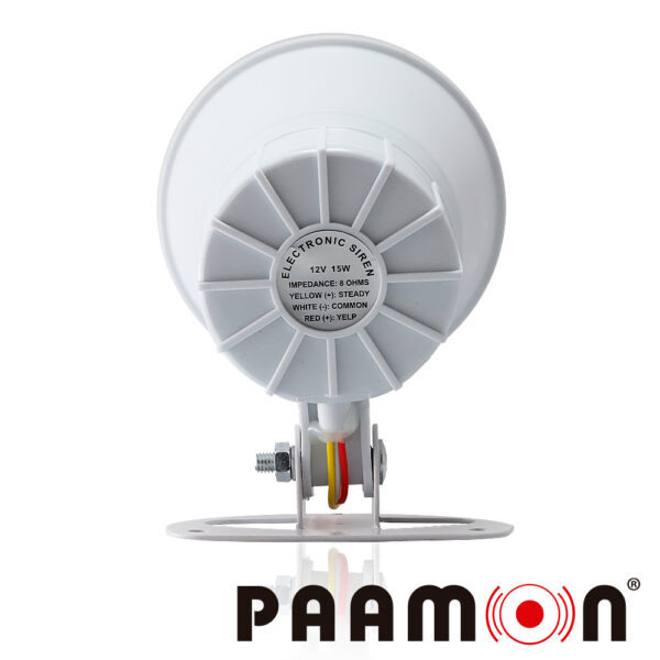 SIRENA 15WATTS PAAMON PAM-SRE15W DOBLE TONO / ALAMBRICA / COLOR BLANCO / MATERIAL ABS/ USO EN INTERIOR Y EXTERIOR/ NIVEL DE SONIDO 100 A 110dB/ COMPATIBLE CON TODOS LOS SITEMAS DE ALARMA