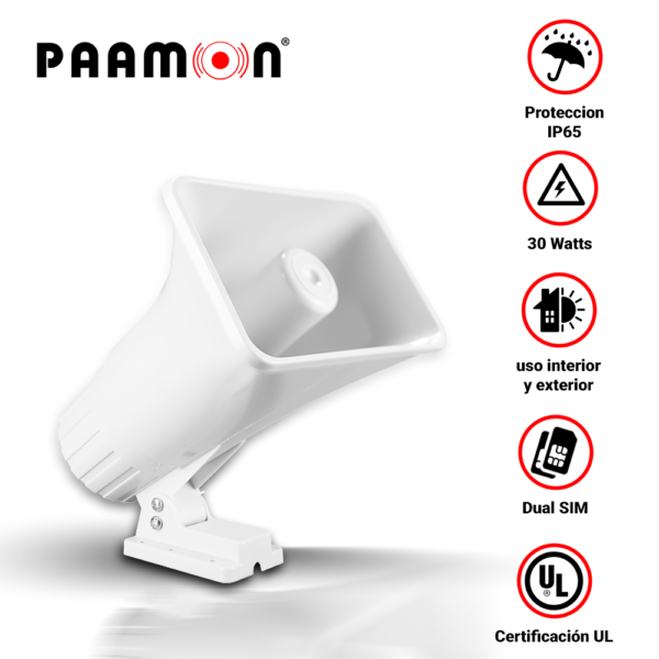 SIRENA 30WATTS PAAMON PAM-SRE30W DOBLE TONO/ ALAMBRICA / COLOR BLANCO/ PROTECCION IP65 / USO EN INTERIOR Y EXTERIOR/ NIVEL DE SONIDO 118/-2DB / COMPATIBLE CON TODOS LOS SISTEMAS DE ALARMA SIN CAJA INDIVIDUAL