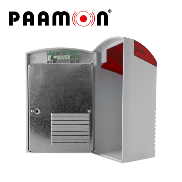 SIRENA ESTROBO EXTERIOR CON BATERIA PM-SRE60RB, CON DOBLE CARCASA UNA EXTERNA PLASTICA Y UNA INTERNA METALICA PARA DOBLE PROTECCION, VOLTAJE DE OPERACION 9-28V DC, SIRENA CON 1 TONO DE 125dB, ESTROBO COLOR ROJO, TASA DE PARPADEO DE 135 VECES POR MINUTO. INCLUYE BATERIA DE 1.3 Ah