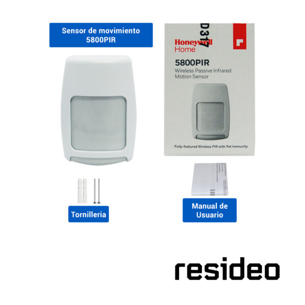 SENSOR DE MOVIMIENTO RESIDEO 5800PIR INALAMBRICO/ ANTIPET (INMUNIDAD A MASCOTAS DE MENOS DE 36KG)/ VISTA DE AREA INFERIOR SELECCIONABLE/ RANGO DE DETECCION 11X12MTS/ COMPATIBLE CON LOS PANELES RESIDEO INALAMBRICOS / BATERIA INCLUIDA