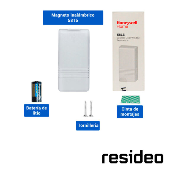 TRANSMISOR INALAMBRICO RESIDEO 5816 MATERIAL PLASTICO/ COLOR BLANCO/ ALCANCE DE UN MILLA / DISEÑO ELEGANTE/ INTERRUPTOR DE LENGÜETA NC/ SE PUEDE UTILIZAR COMO MAGNETO AGREGANDO EL IMAN 5899 / INLCUYE BATERIA