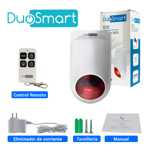 SIRENA INTELIGENTE WIFI 2.4 DUOSMART B20 STANDALONE MONITOREO EN APP DUOSMART  **SOPORTA DISPOSITIVOS RF DUOSMART SERIE C**  20 CONTROLES 60 DISPOSITIVOS EN MODO 24HRS AUDIBLE INTERIORES O PERIMETRALES