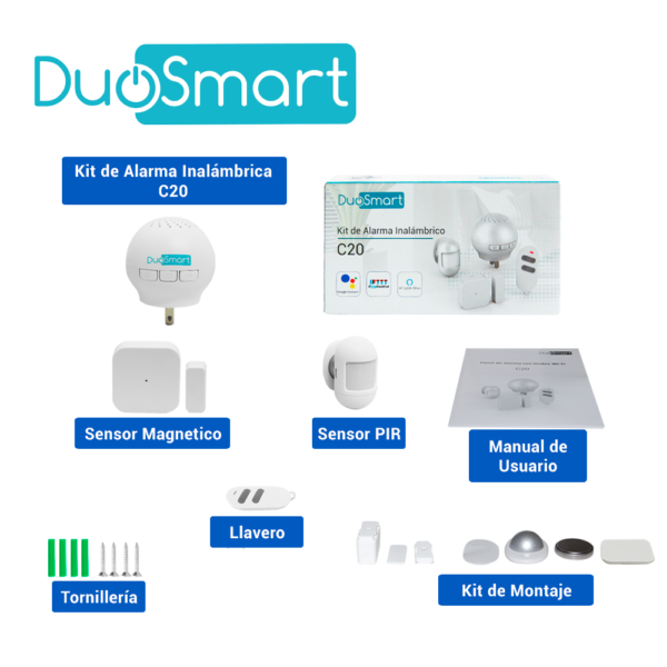 KIT ALARMA INALAMBRICA DUOSMART C20 COMUNICACION DUAL WIFI 2.4 GHZ RF 433 KIT ALARMA INALAMBRICA DUOSMART C20 COMUNICACION DUAL WIFI 2.4 GHZ RF 433.92 INCLUYE 1 PANEL 1 PIR 1 MAGNETO 1 LLAVERO **COMPATIBLE CON SENSORES DUOSMART C**
