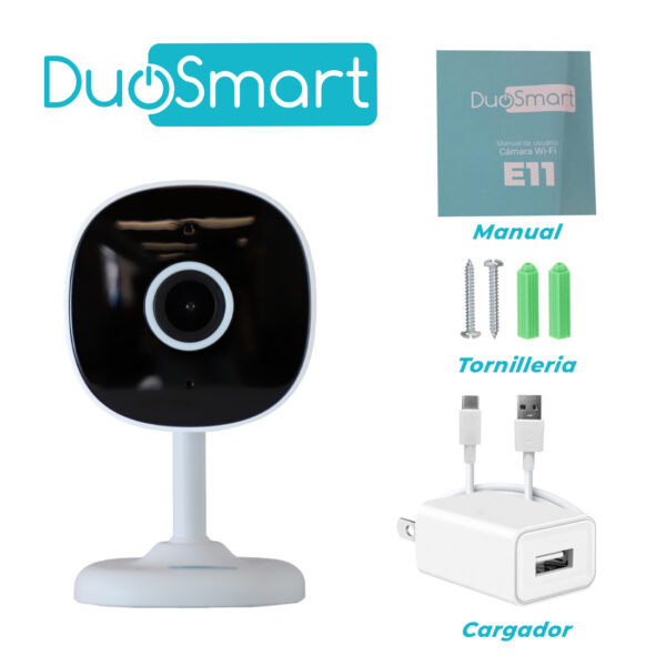 CAMARA INTELIGENTE DUOSMART E11 WIFI 2.4 GHZ PARA INTERIOR DE FACIL COLOCACION CON AUDIO BIDIRECCIONAL FULL HD 3MP COMPATIBLE CON APP DUOSMART SOPORTA MEMORIA MICROSD DE HASTA 128 GB (NO INCLUIDA)