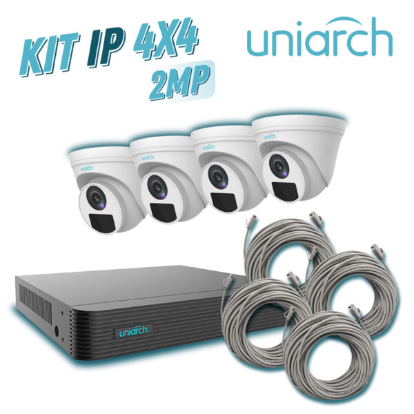 KIT 4X4 UNIARCH IP EXTERIOR TURRET 2MP 1080P INCLUYE 1 NVR POE 4 PTOS + 4 CAM TURRET IP 2 MP 2 KIT 4X4 UNIARCH IP EXTERIOR TURRET 2MP 1080P INCLUYE 1 NVR POE 4 PTOS + 4 CAM TURRET IP 2 MP 2.8 MM SLOT MICRO SD + 4 CABLES PREPONCHADOS DE 18MTS