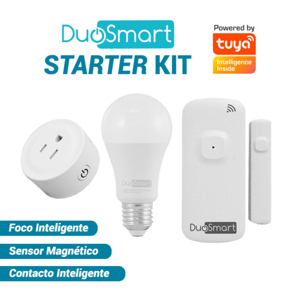 KIT DE INICIO DE DUOSMART, STARTER KIT DUOSMART KIT DE INICIO DE DUOSMART, STARTER KIT DUOSMART. INCLUYE: 1 FOCO INTELIGENTE S10, 1 CONTACTO DE SOBREPONER B30 Y 1 SENSOR MAGNÉTICO D10