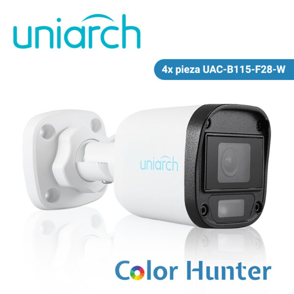 KIT 4X4 ANALOGICO UNIARCH EXTERIOR BULLET COLOR HUNTER 5MP IP67 TVI/AHD/CVI/CVBS INCLUYE 1 XVR 4 BNC+2 IP / + 4 CAM BULLET COLOR HUNTER 5MP 2.8MM + 4 CABLES PREPONCHADOS DE 18MTS + FUENTE DE ALIMENTACION 12VDC Y UN PULPO DE 5 SALIDAS